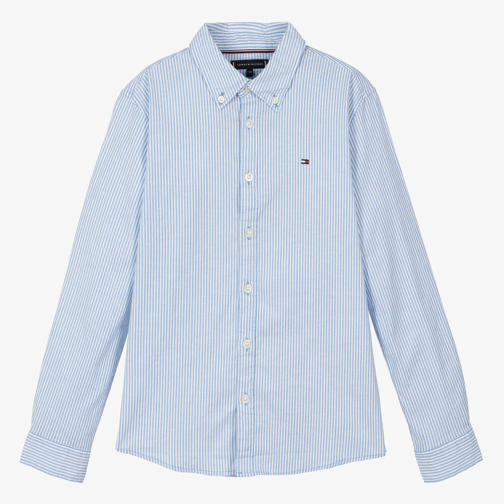 Tommy Hilfiger - قميص تينز ولادي قطن عضوي مقلم لون أزرق وأبيض | Childrensalon