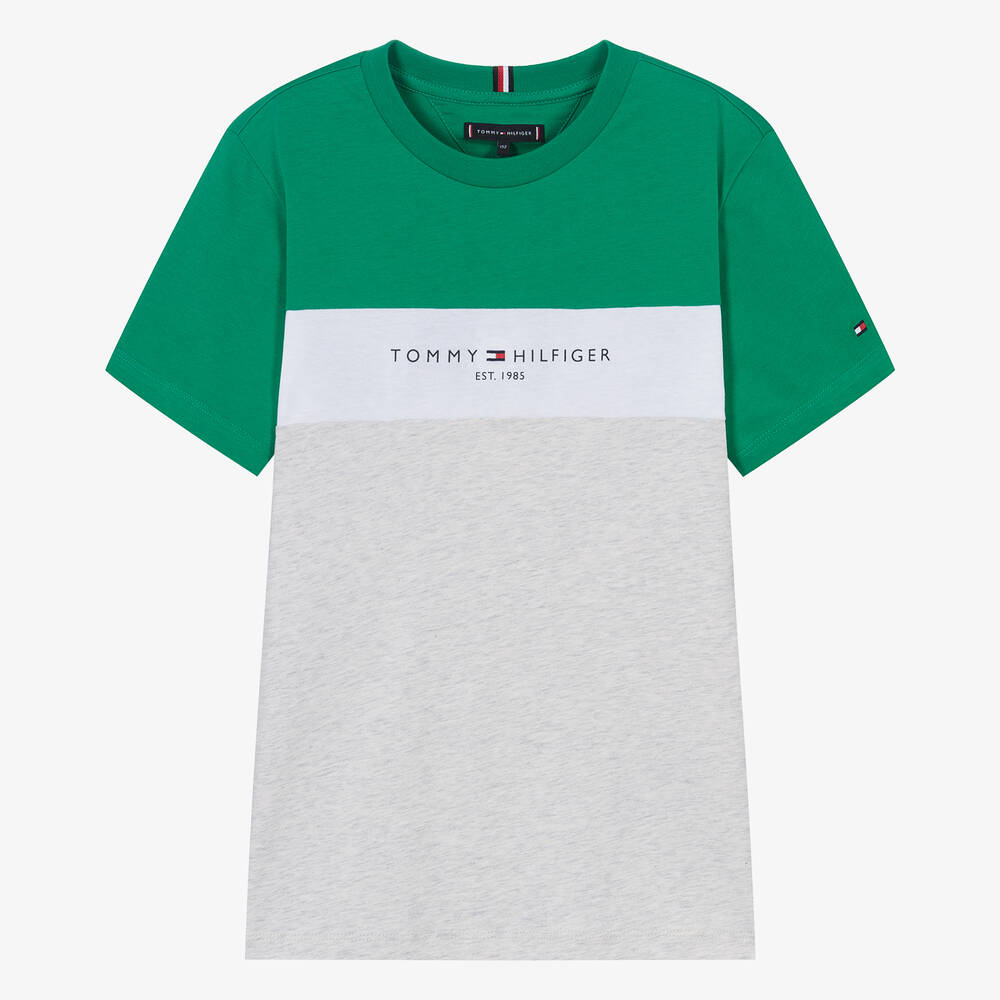 Tommy Hilfiger - تيشيرت قطن جيرسي لون أخضر بألوان بلوك للمراهقين | Childrensalon