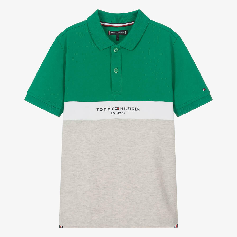 Tommy Hilfiger - Teen Boys Green & Grey Cotton Polo Shirt | Childrensalon