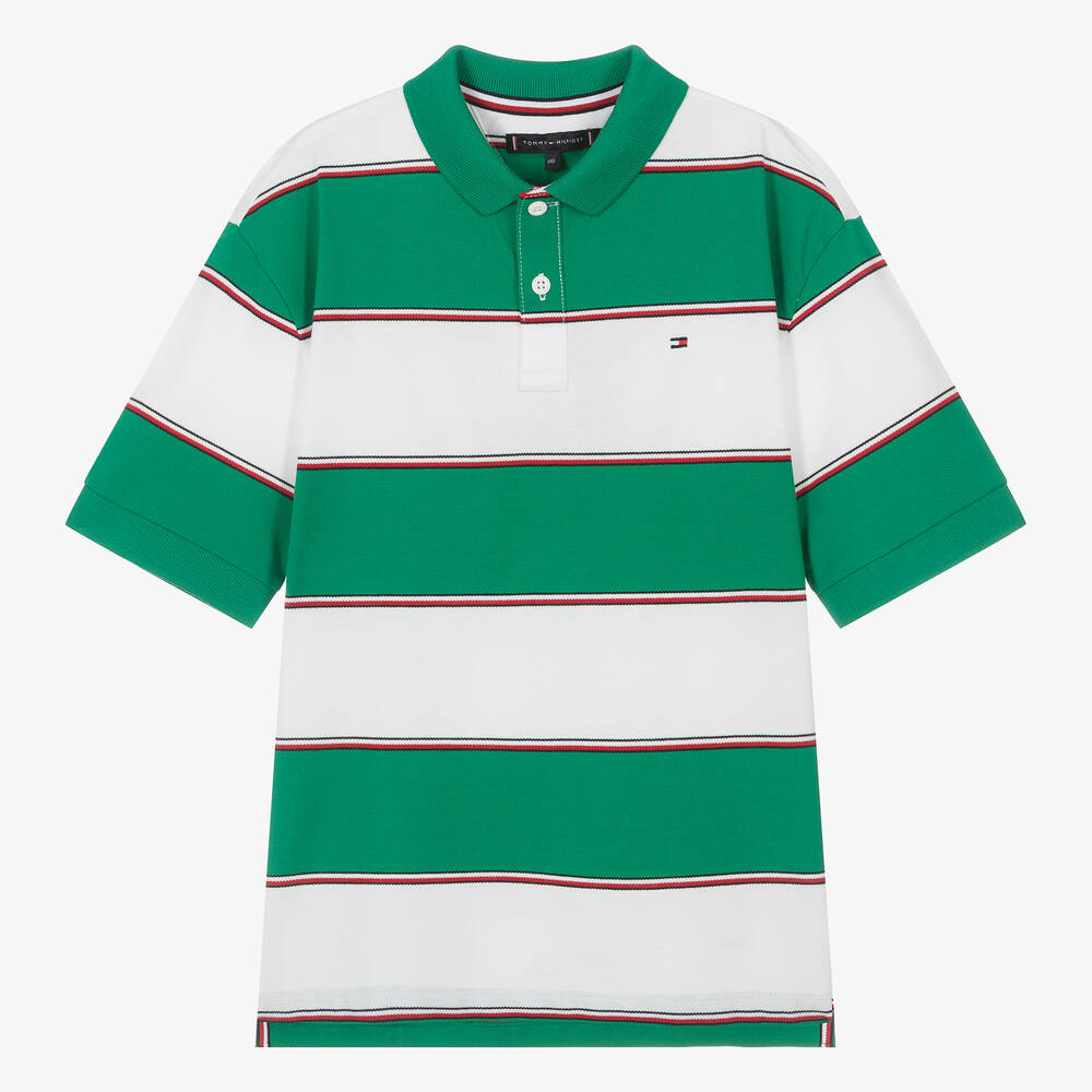 Tommy Hilfiger - Teen Boys Green Striped Cotton Polo Shirt | Childrensalon