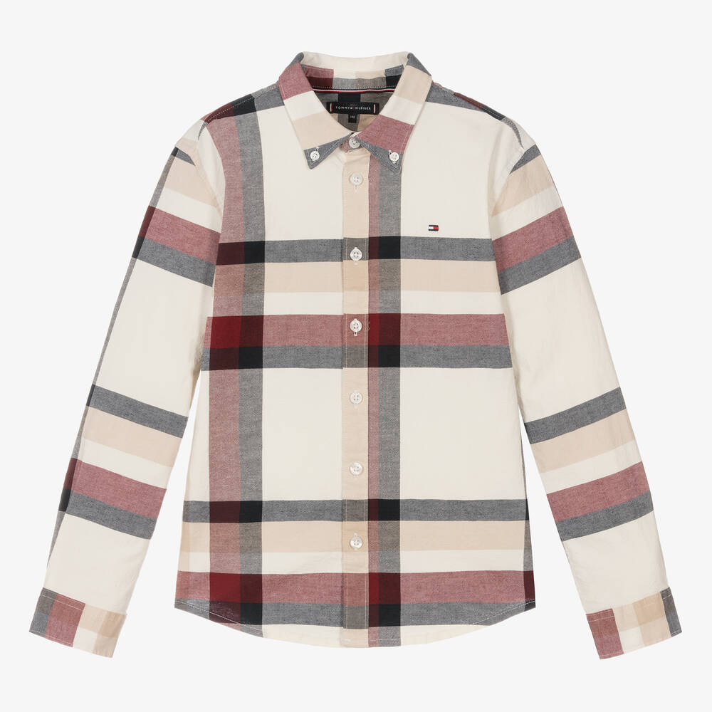 Tommy Hilfiger - Teen Boys Ivory Checked Cotton Shirt | Childrensalon