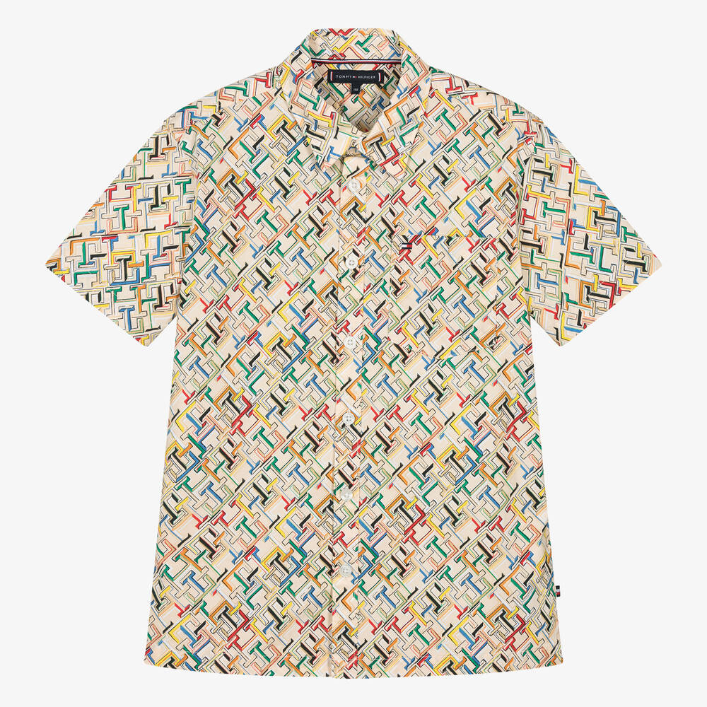 Tommy Hilfiger - قميص بطبعة مونوغرام قطن لون عاجي للمراهقين | Childrensalon