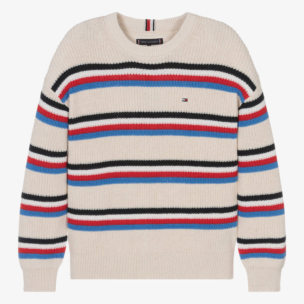 Tommy Hilfiger - Teen Boys Ivory Striped Cotton Sweater | Childrensalon
