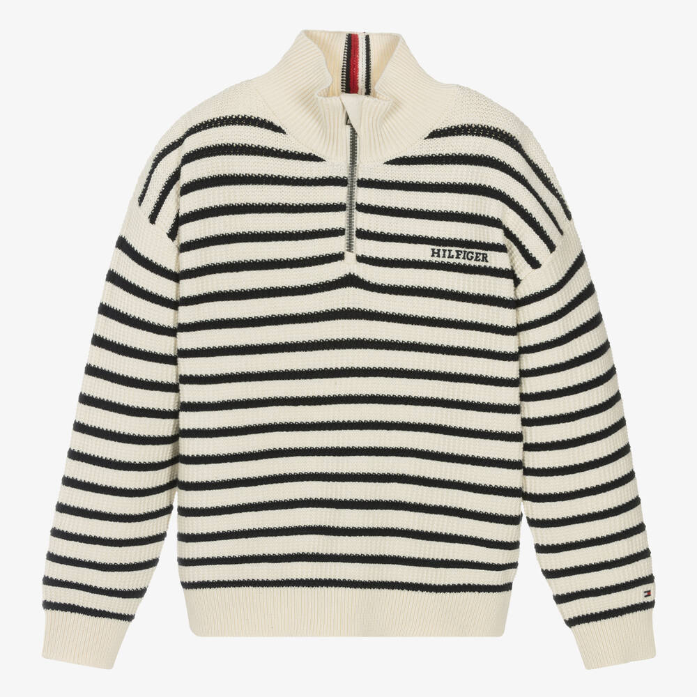 Tommy Hilfiger - Teen Boys Ivory Striped Cotton Sweater | Childrensalon