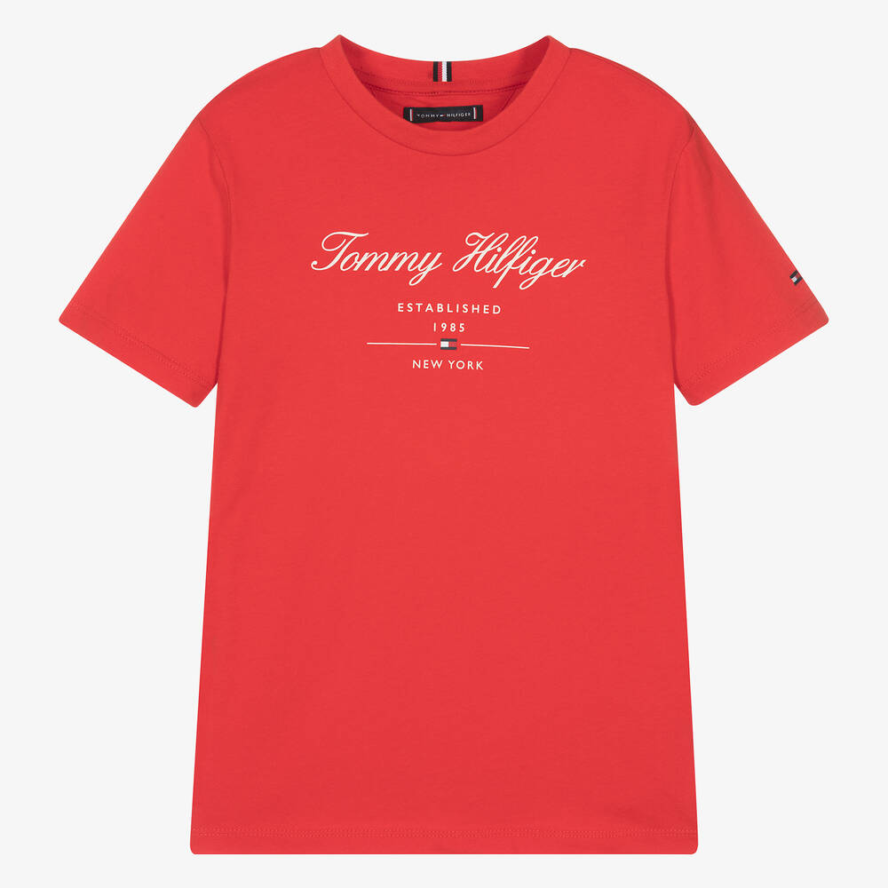 Tommy Hilfiger - Teen Boys Red Cotton Script T-Shirt | Childrensalon