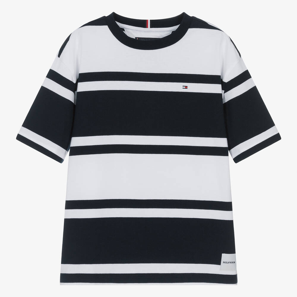 Shop Tommy Hilfiger Teen Boys Striped Cotton T-shirt In Blue