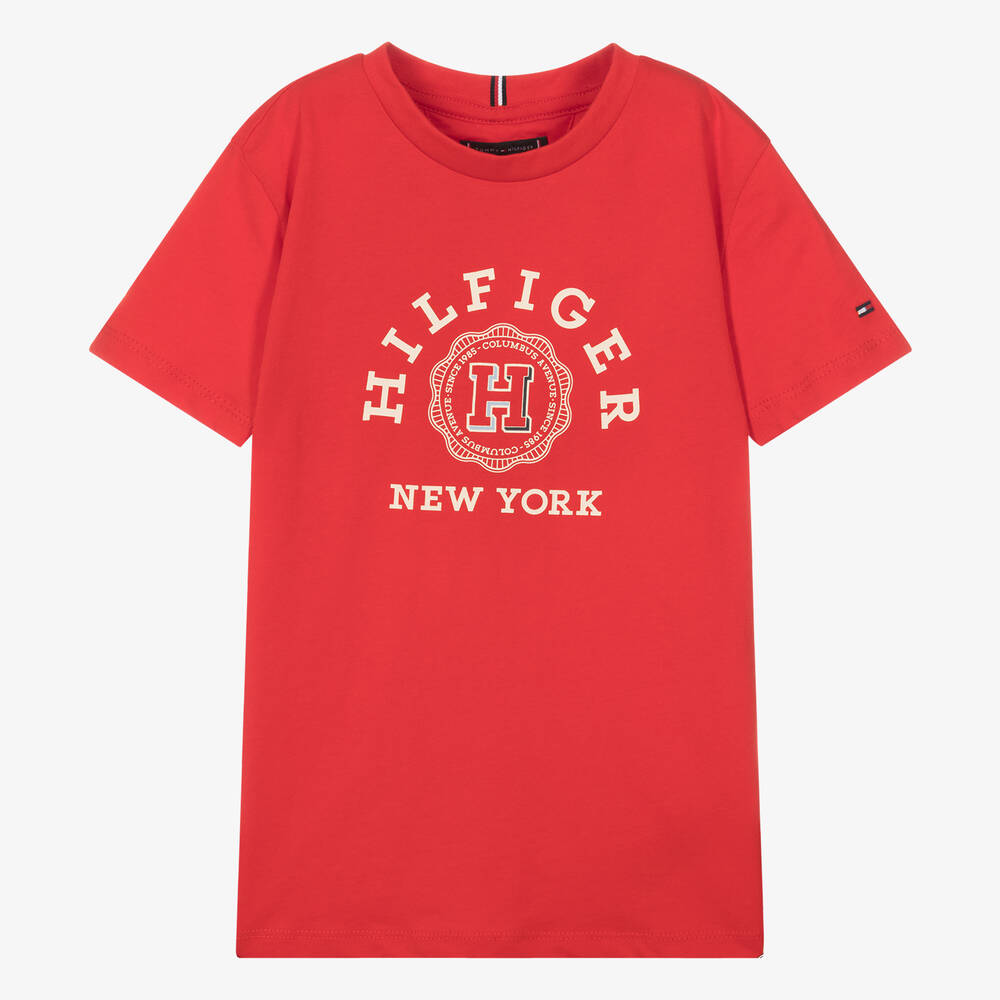 Shop Tommy Hilfiger Teen Boys White Cotton Monotype Logo T-shirt In Red