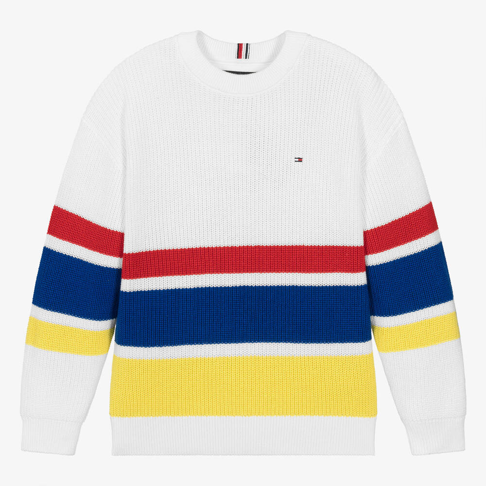 Tommy Hilfiger Teen Boys White Striped Cotton Sweater In Multicolor