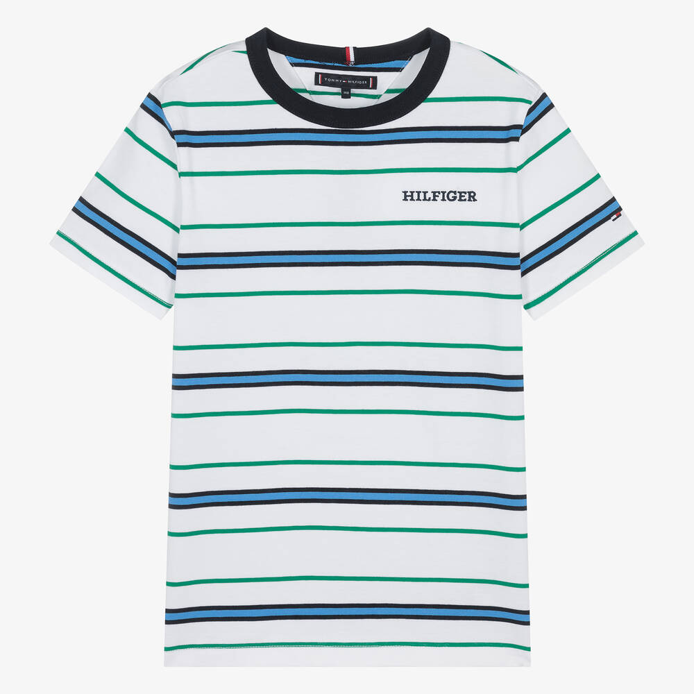 Tommy Hilfiger - Teen Boys White Striped Cotton T-Shirt | Childrensalon