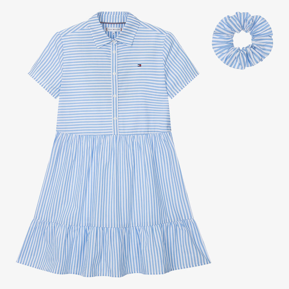 Tommy Hilfiger - فستان قميص قطن عضوى بوبلين مقلم لون أزرق و أبيض للمراهقات | Childrensalon