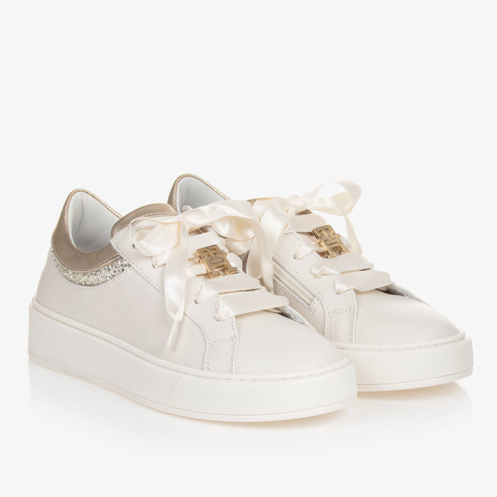 Tommy Hilfiger - Teen Girls Ivory & Gold Leather Trainers | Childrensalon