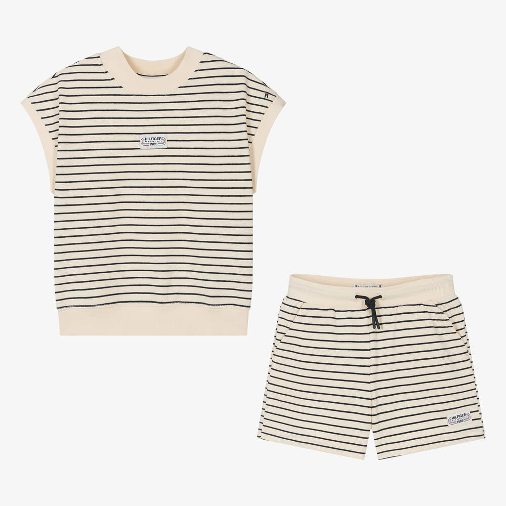 Tommy Hilfiger - Teen Girls Ivory Striped Cotton Shorts Set | Childrensalon