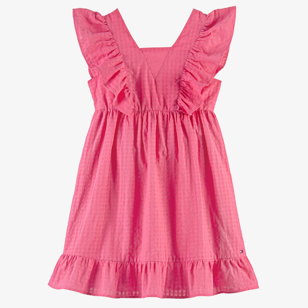 Tommy Hilfiger - فستان قطن لون زهري مزين بكشكش للمراهقات | Childrensalon
