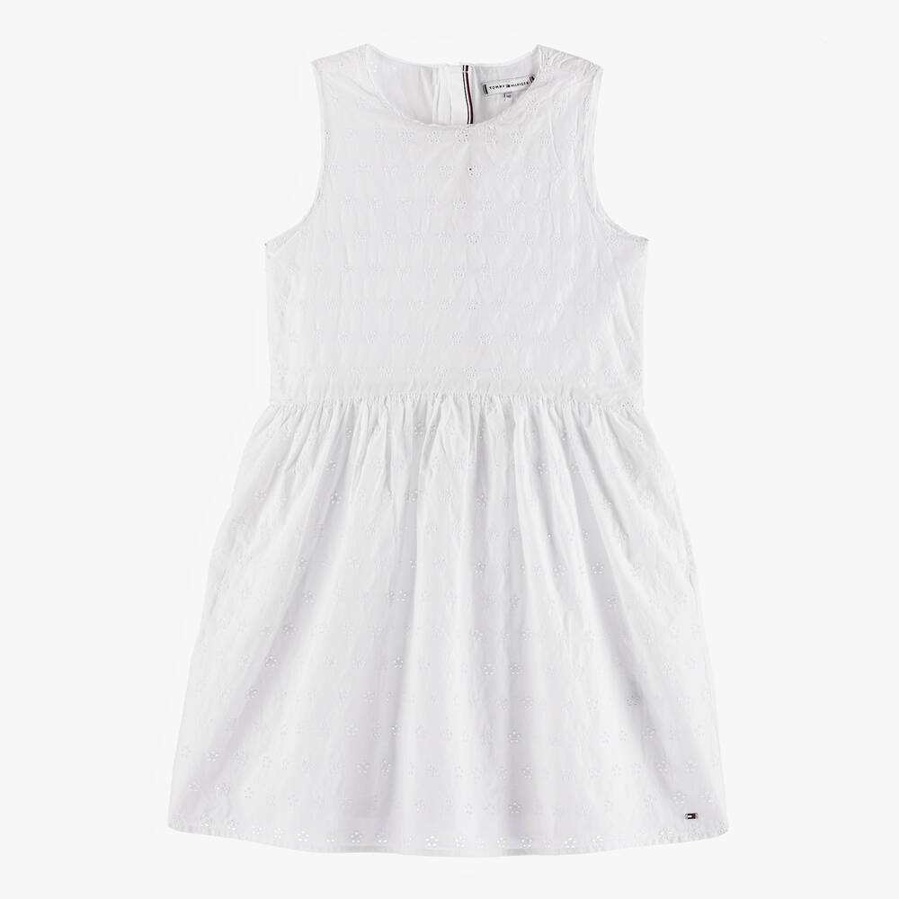 Tommy Hilfiger - فستان قطن برودوري لون أبيض للمراهقات | Childrensalon