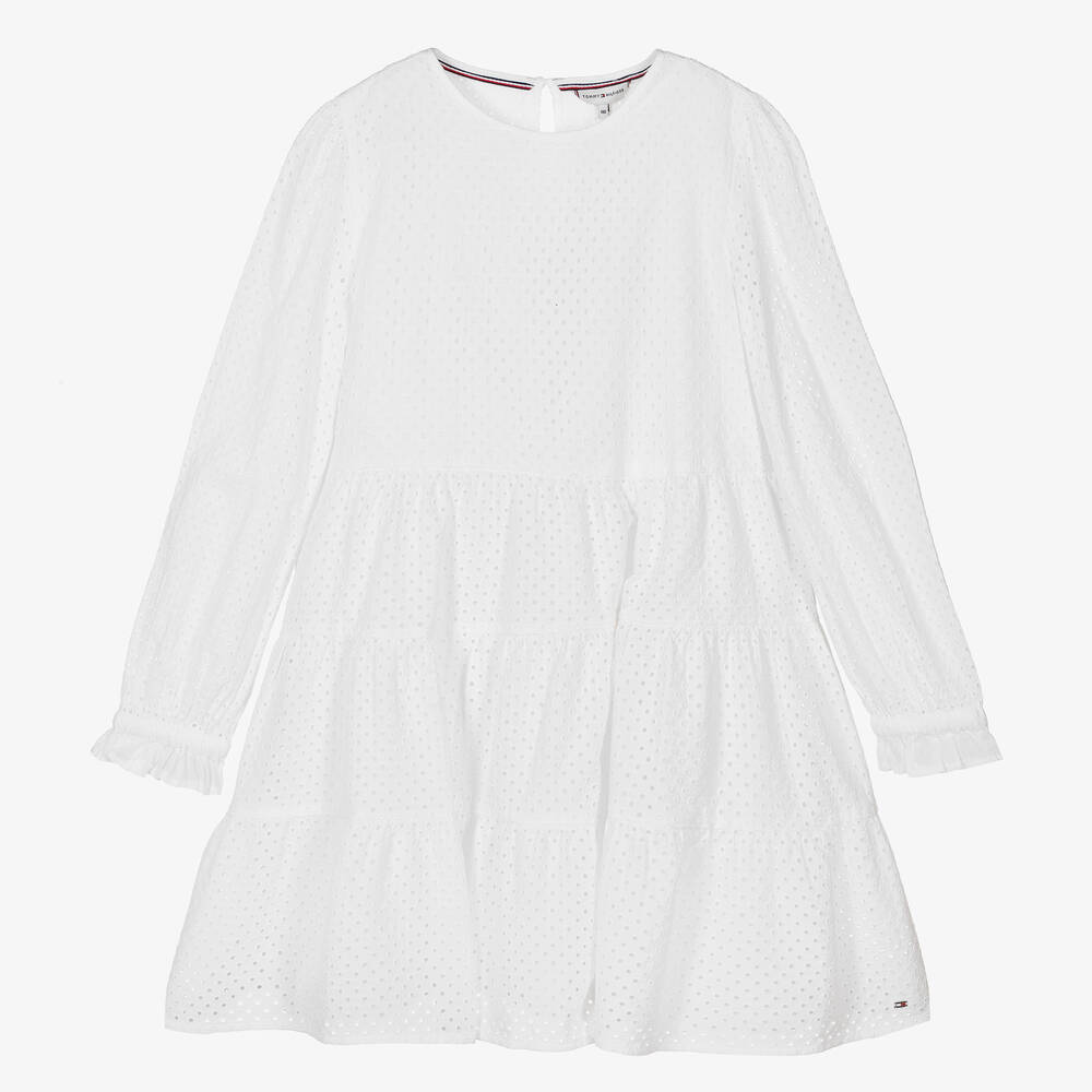 Tommy Hilfiger - Teen Girls White Cotton Broderie Anglaise Dress | Childrensalon