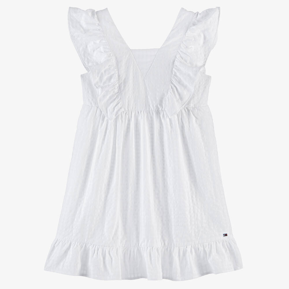 Tommy Hilfiger - فستان قطن لون أبيض مزين بكشكش للمراهقات | Childrensalon