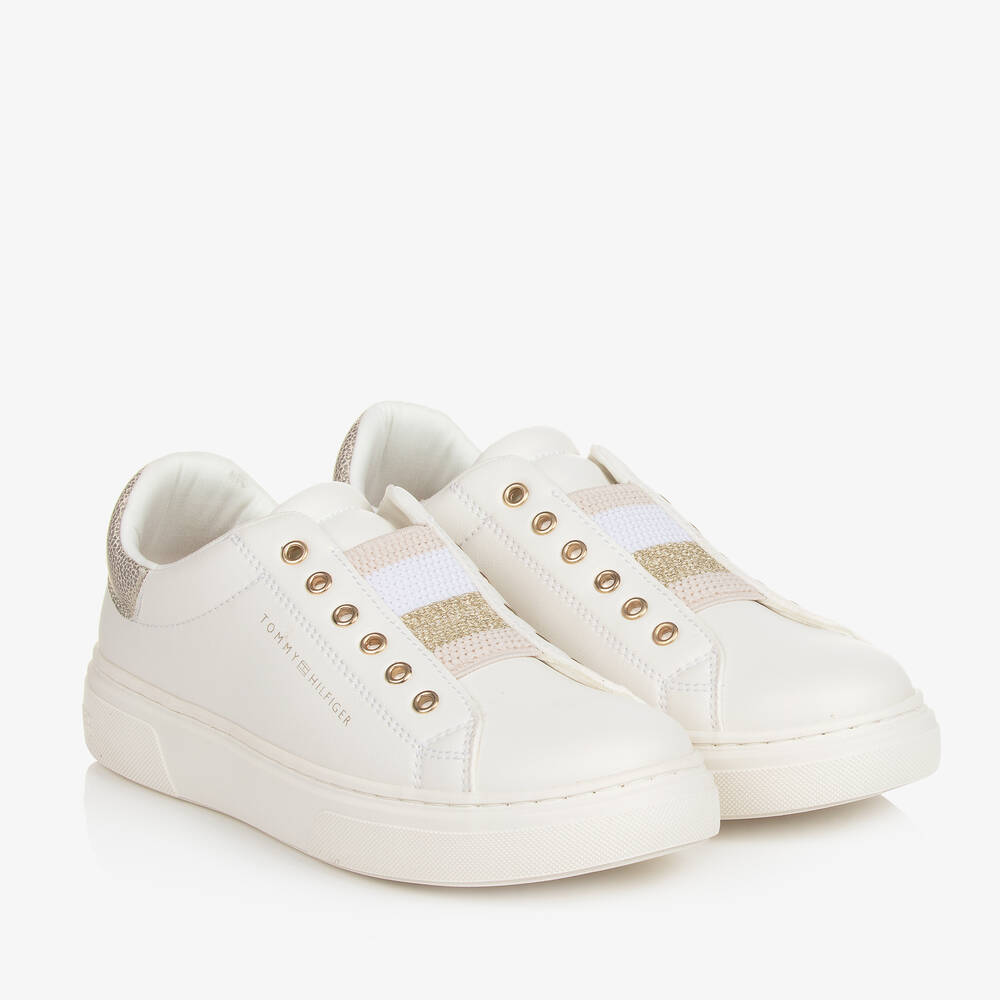 Tommy Hilfiger - Teen Girls White & Gold Faux Leather Trainers | Childrensalon