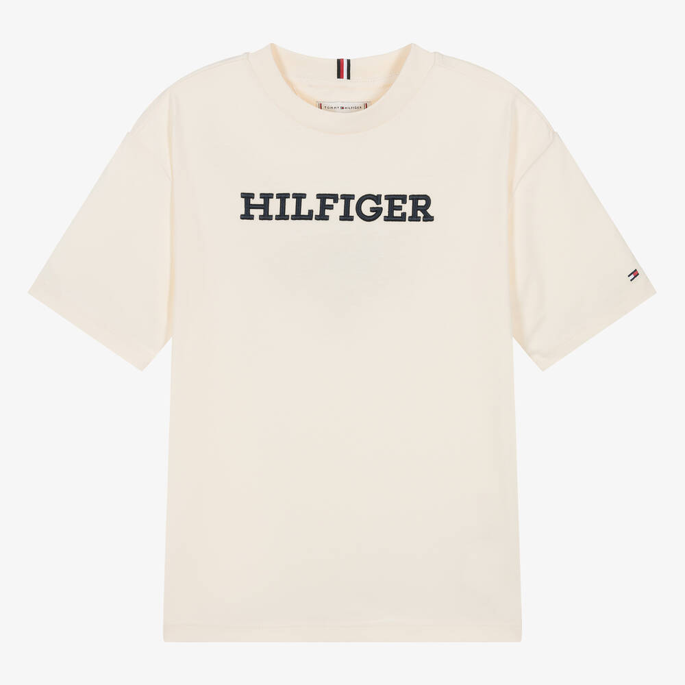 Tommy Hilfiger - Кремовая хлопковая футболка с вышивкой для подростков | Childrensalon
