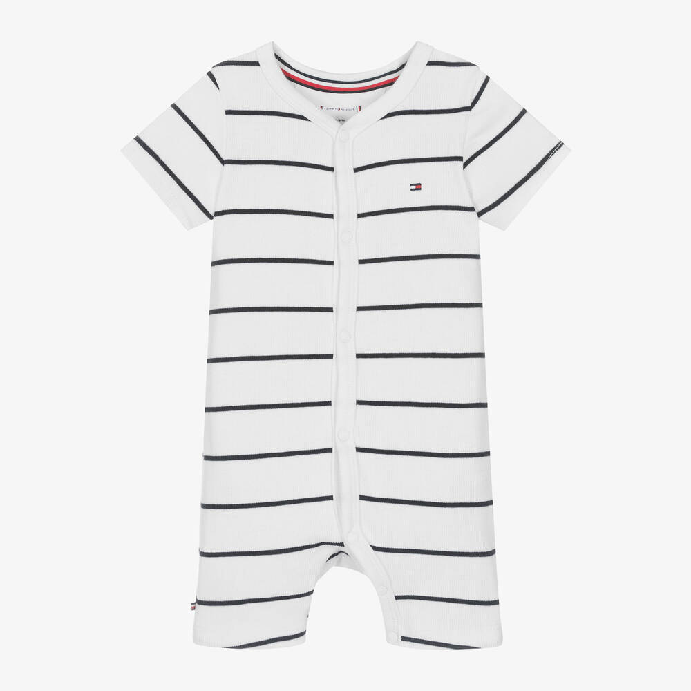 Tommy Hilfiger - White & Blue Stripe Cotton Baby Shortie | Childrensalon