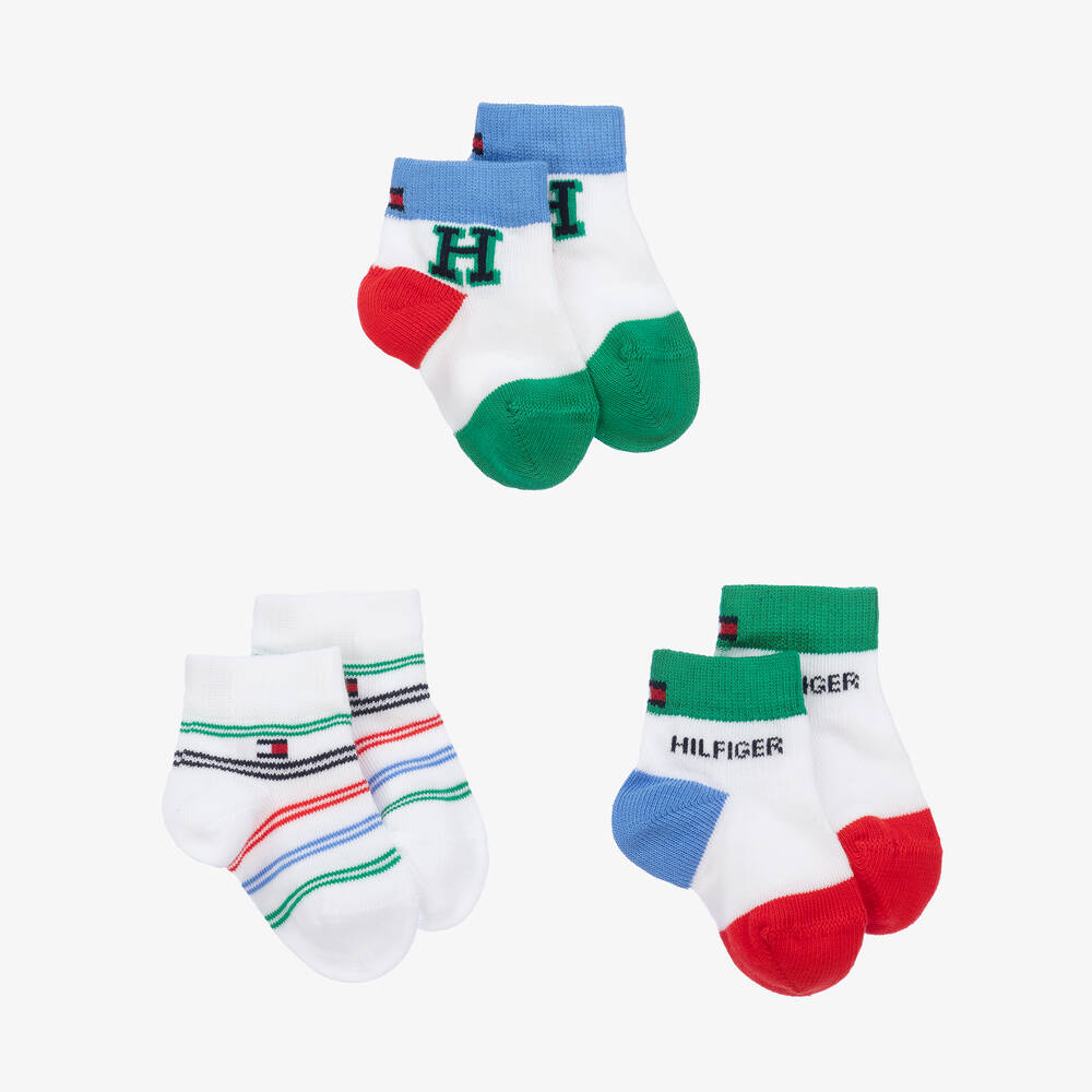 Tommy Hilfiger White Cotton Baby Socks (3 Pack) In Multi