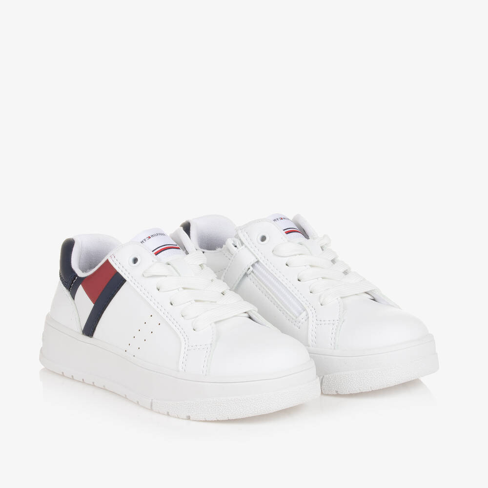 Tommy Hilfiger - White Faux Leather Lace-Up Trainers | Childrensalon