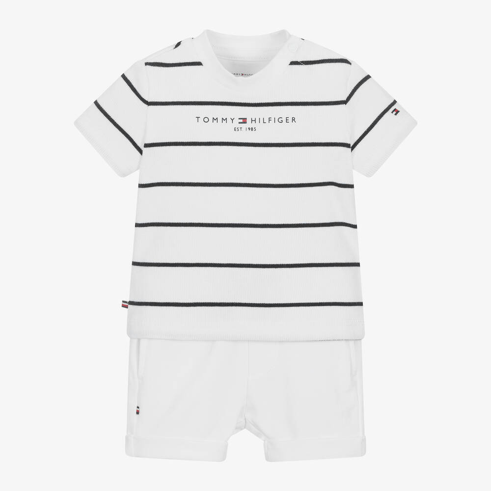 Shop Tommy Hilfiger White Striped Cotton Baby Shorts Set