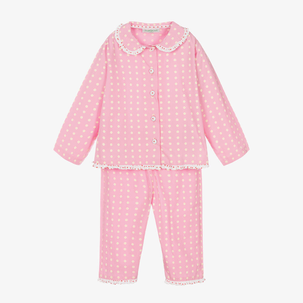 Turquaz - Girls Pink & Yellow Polka Dot Cotton Pyjamas | Childrensalon