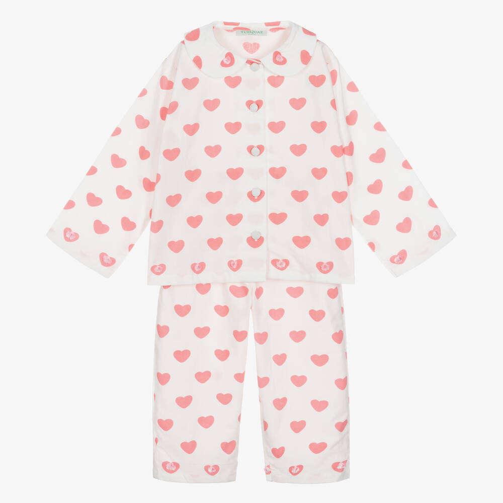 Turquaz - Pyjama blanc et rose en coton à coeurs fille | Childrensalon