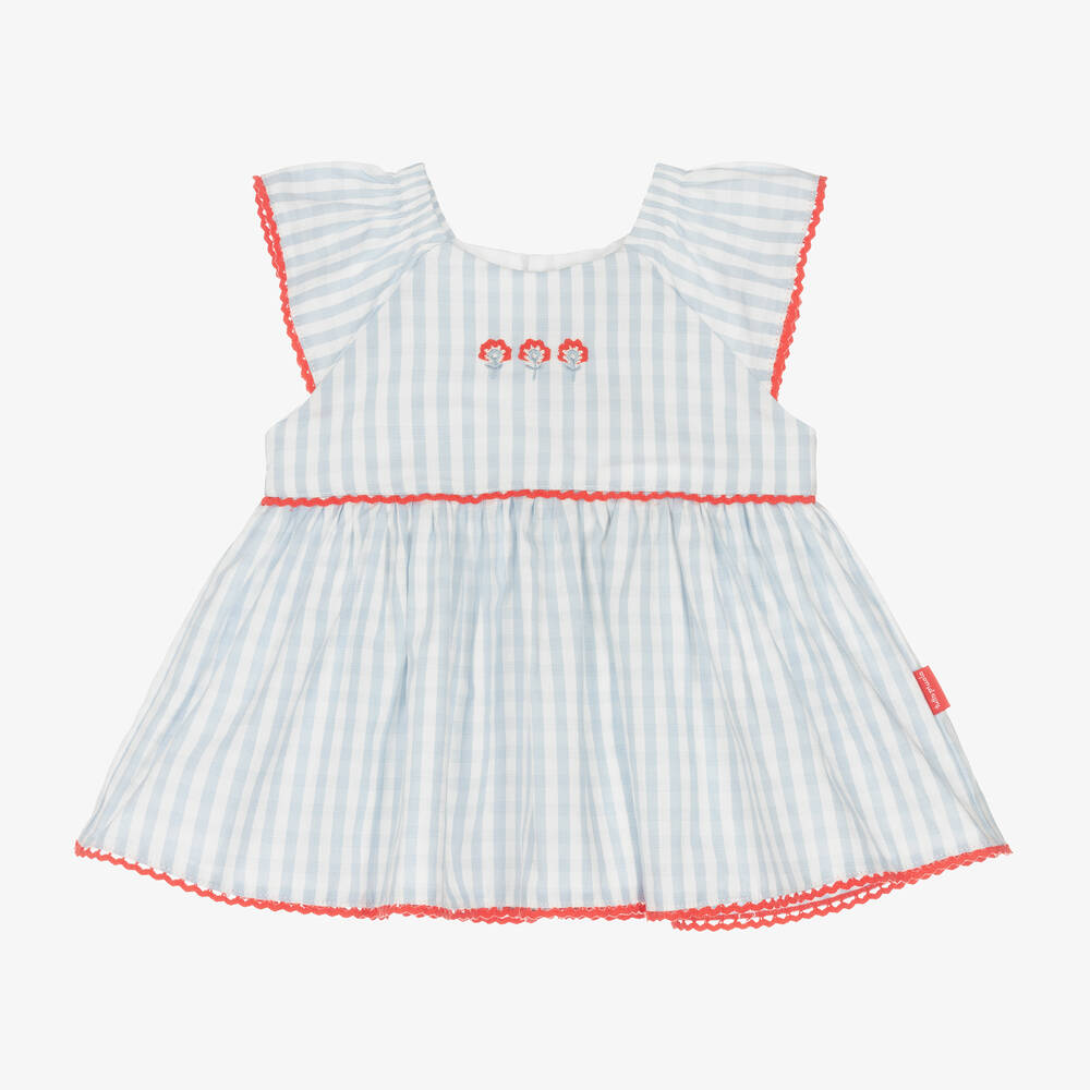 Tutto Piccolo - فستان قطن جينغهام لون أبيض وأزرق للمولودات | Childrensalon