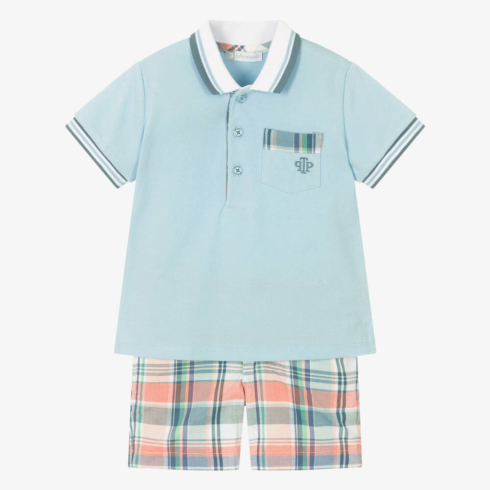 Tutto Piccolo - Boys Blue Check Cotton Shorts Set | Childrensalon