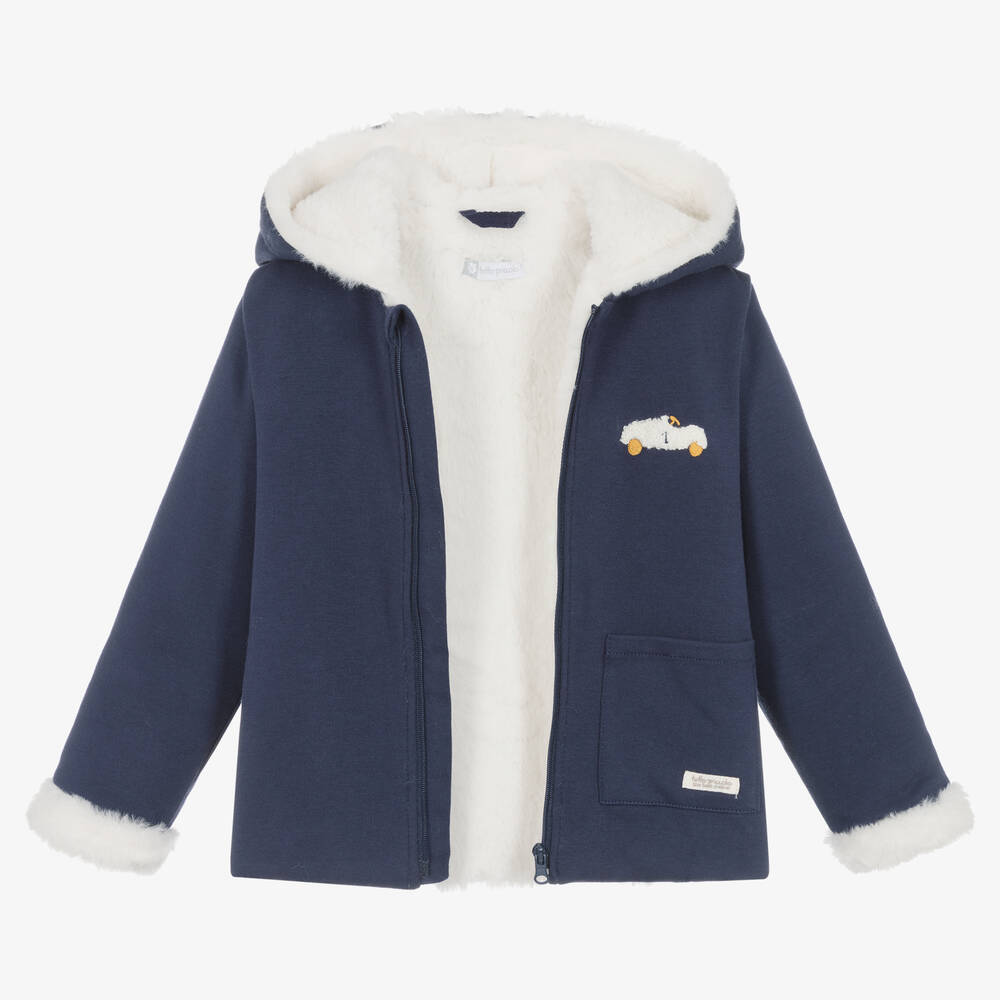 Tutto Piccolo - Boys Blue Cotton & Faux Fur Hooded Jacket | Childrensalon