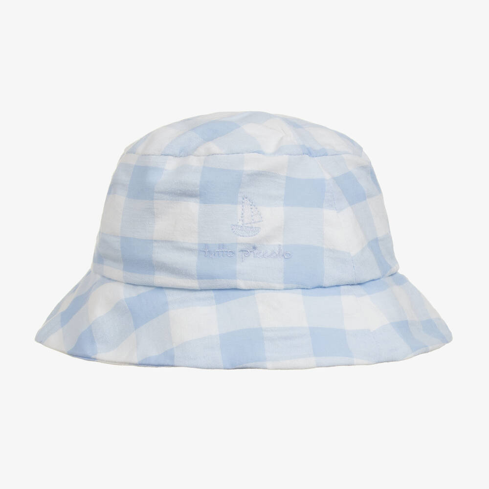 Tutto Piccolo - Boys Blue Gingham Check Cotton Hat | Childrensalon