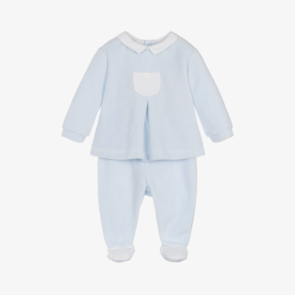 Tutto Piccolo - Boys Blue Velour 2 Piece Babygrow | Childrensalon