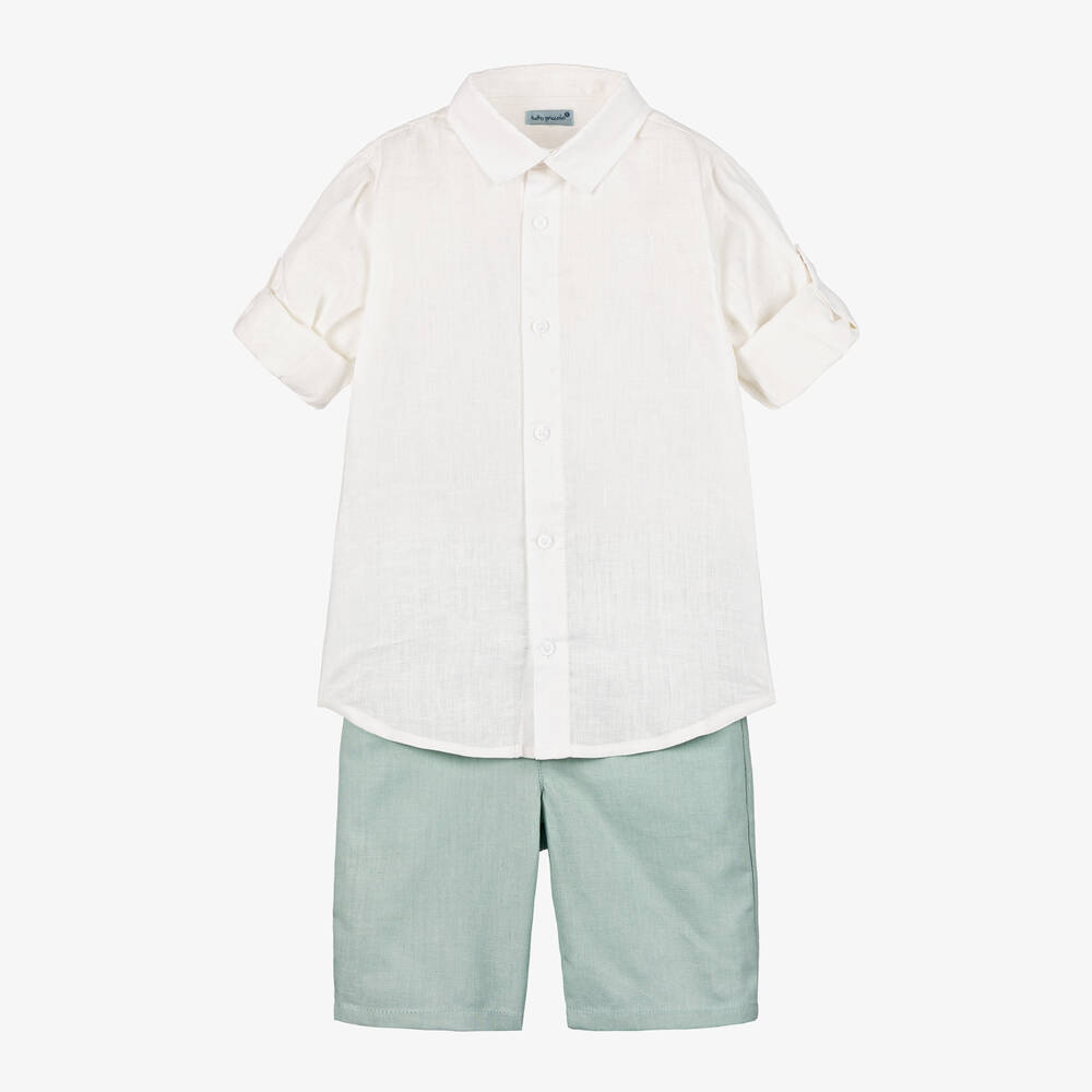 Shop Tutto Piccolo Boys Green Cotton & Linen Shorts Set In White