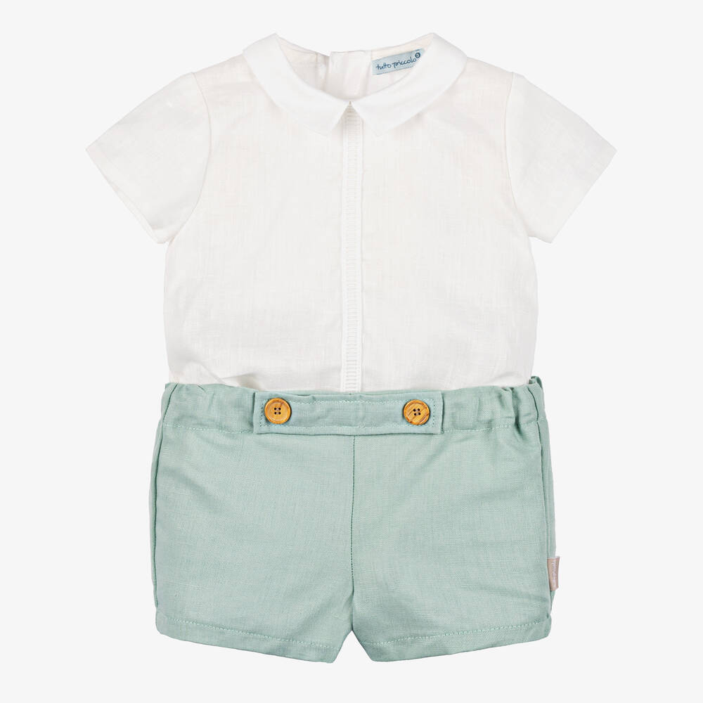 Tutto Piccolo - Boys Green Cotton & Linen Shorts Set | Childrensalon