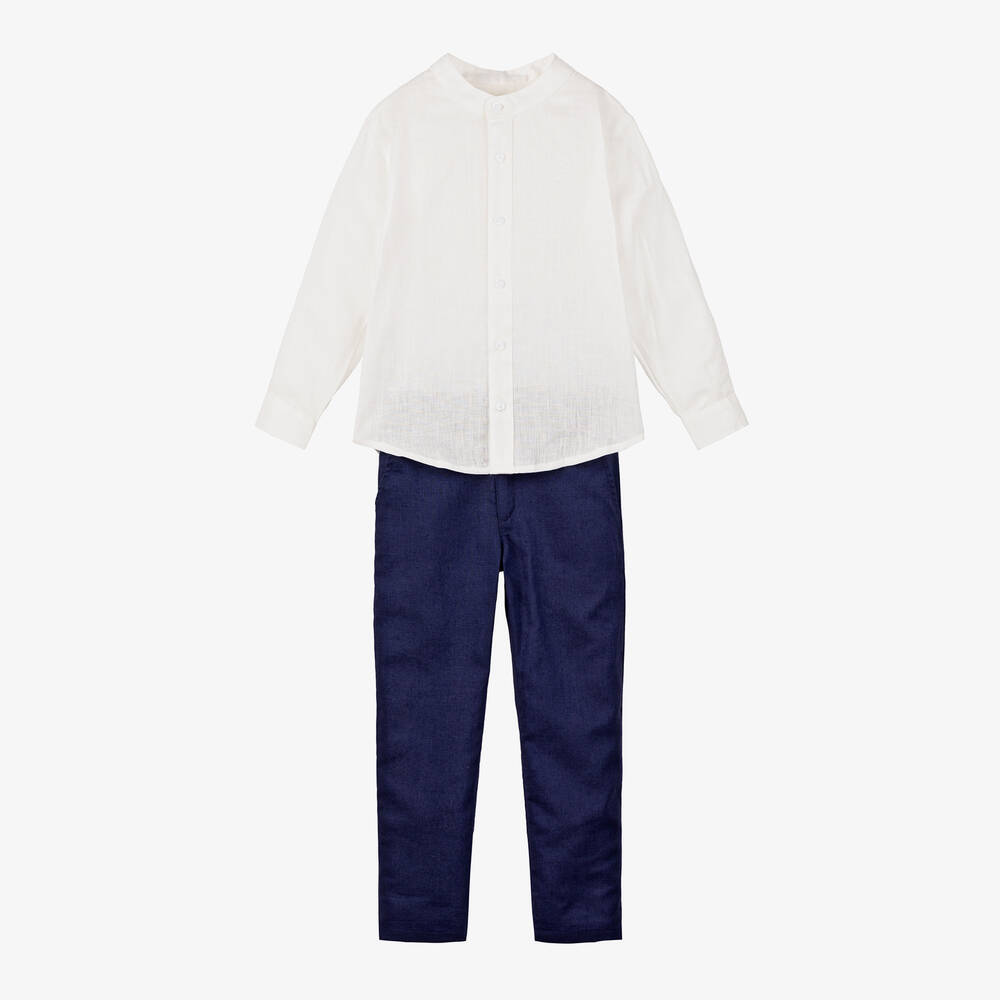 Tutto Piccolo - Boys Ivory & Blue Cotton & Linen Trouser Set | Childrensalon