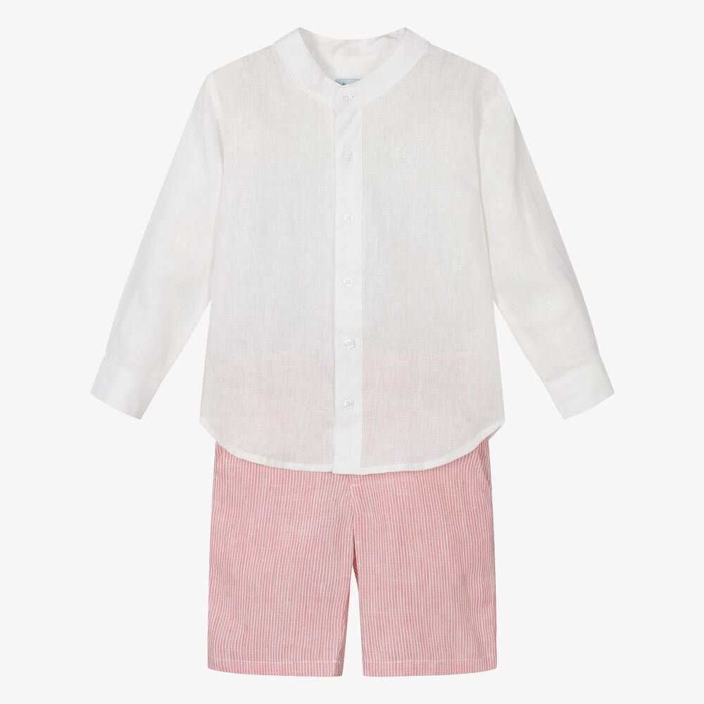 Tutto Piccolo - Boys Ivory & Pink Linen Shorts Set | Childrensalon