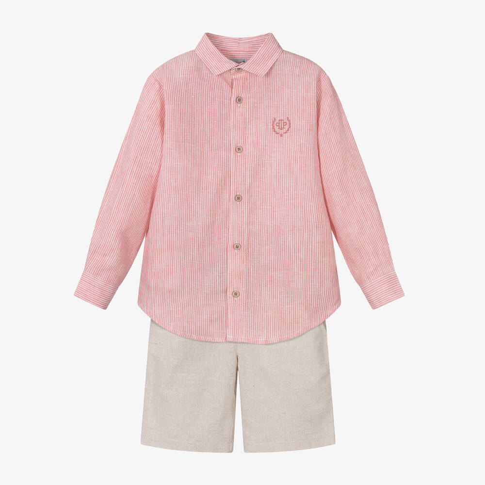Tutto Piccolo - Boys Pink & Beige Linen Shorts Set | Childrensalon