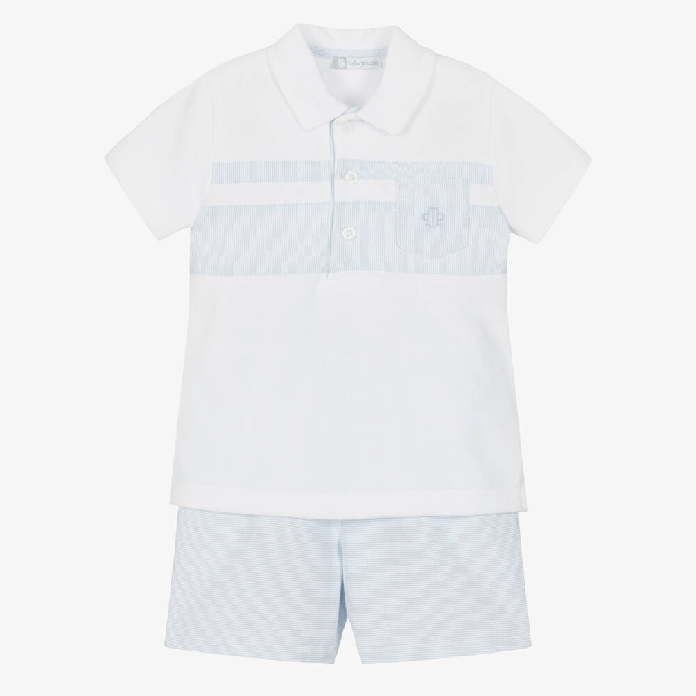 Tutto Piccolo - Boys White & Blue Cotton Shorts Set | Childrensalon