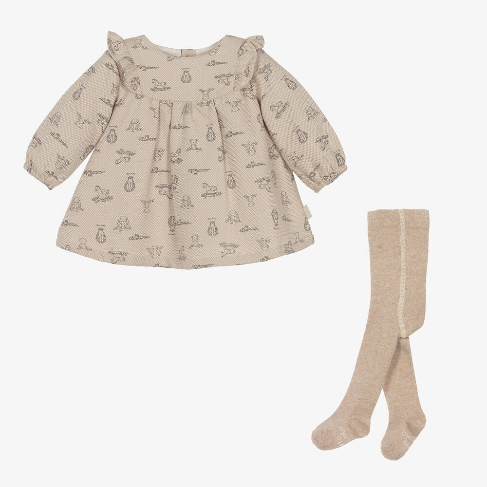 Tutto Piccolo - Girls Beige Cotton Toys Dress Set | Childrensalon