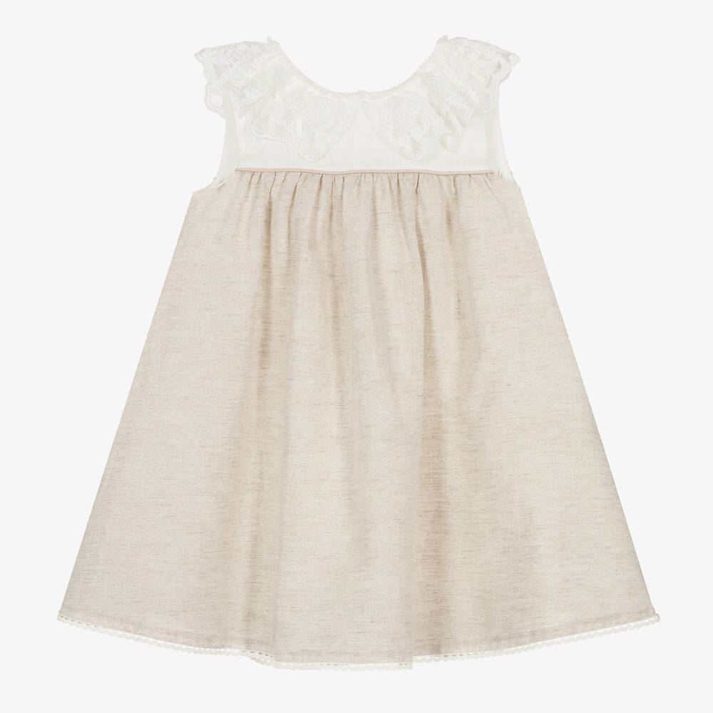 Tutto Piccolo - فستان قطن وكتان لون بيج وعاجي مزين بفيونكة | Childrensalon