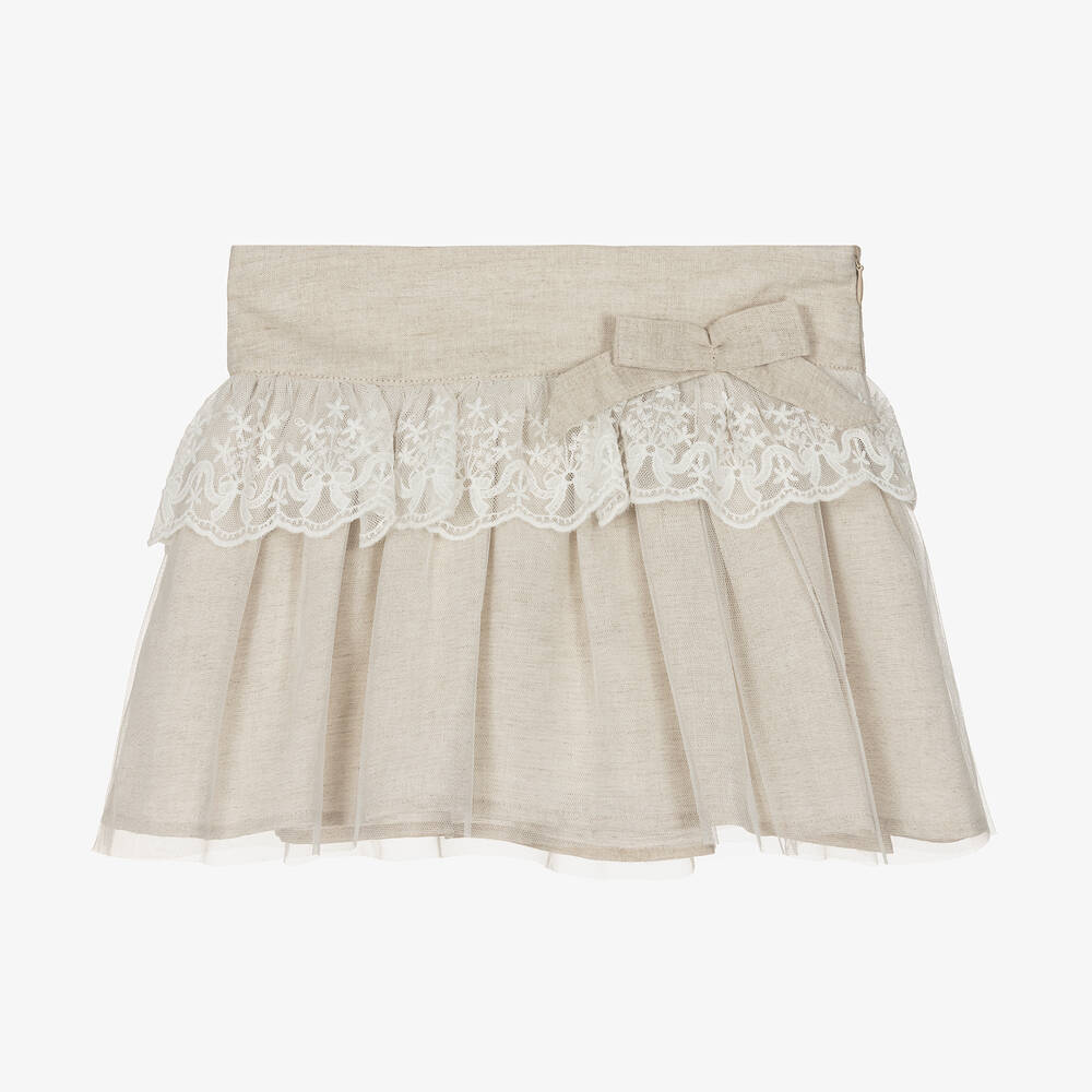 Shop Tutto Piccolo Girls Beige Linen & Cotton Lace Skirt