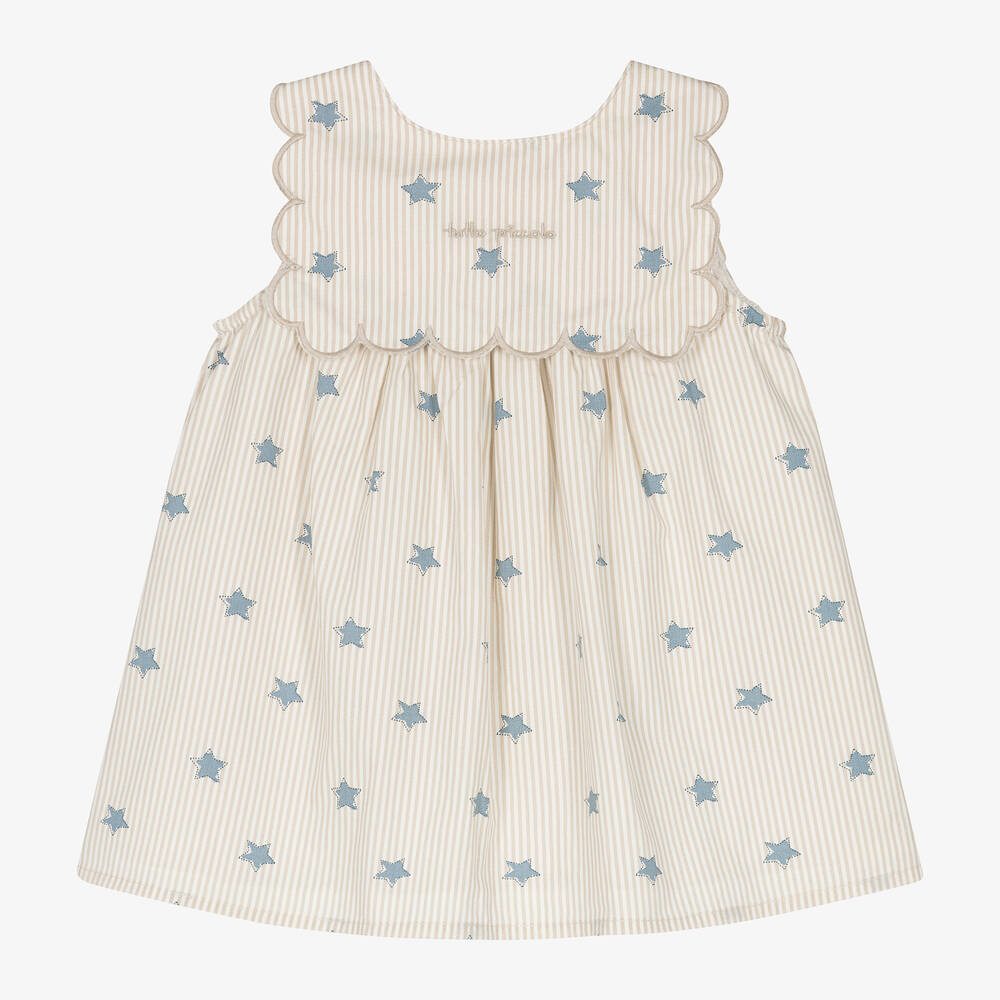 Tutto Piccolo - فستان بطبعة نجوم قطن بوبلين مقلّم لون بيج | Childrensalon