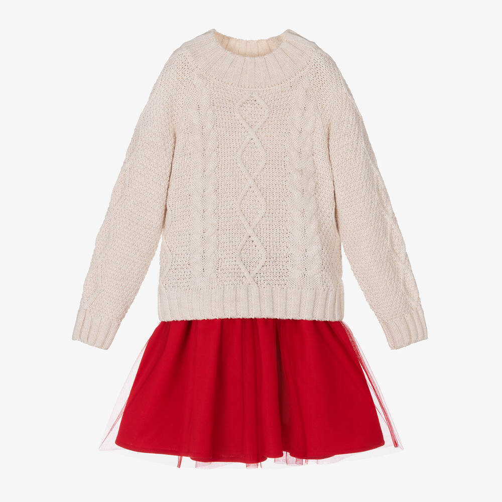 Tutto Piccolo - Girls Beige Sweater & Red Tulle Skirt Set | Childrensalon