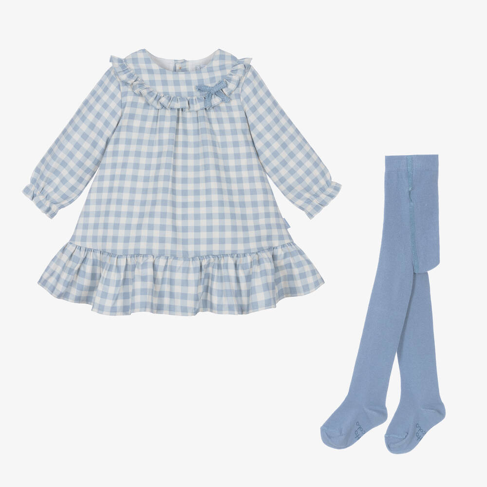 Tutto Piccolo - Girls Blue Cotton Gingham Dress Set | Childrensalon