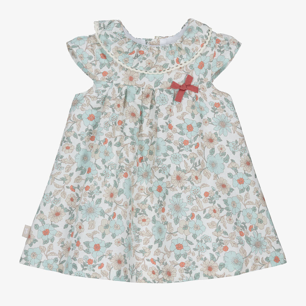 Tutto Piccolo - Girls Blue Floral Linen & Cotton Dress | Childrensalon