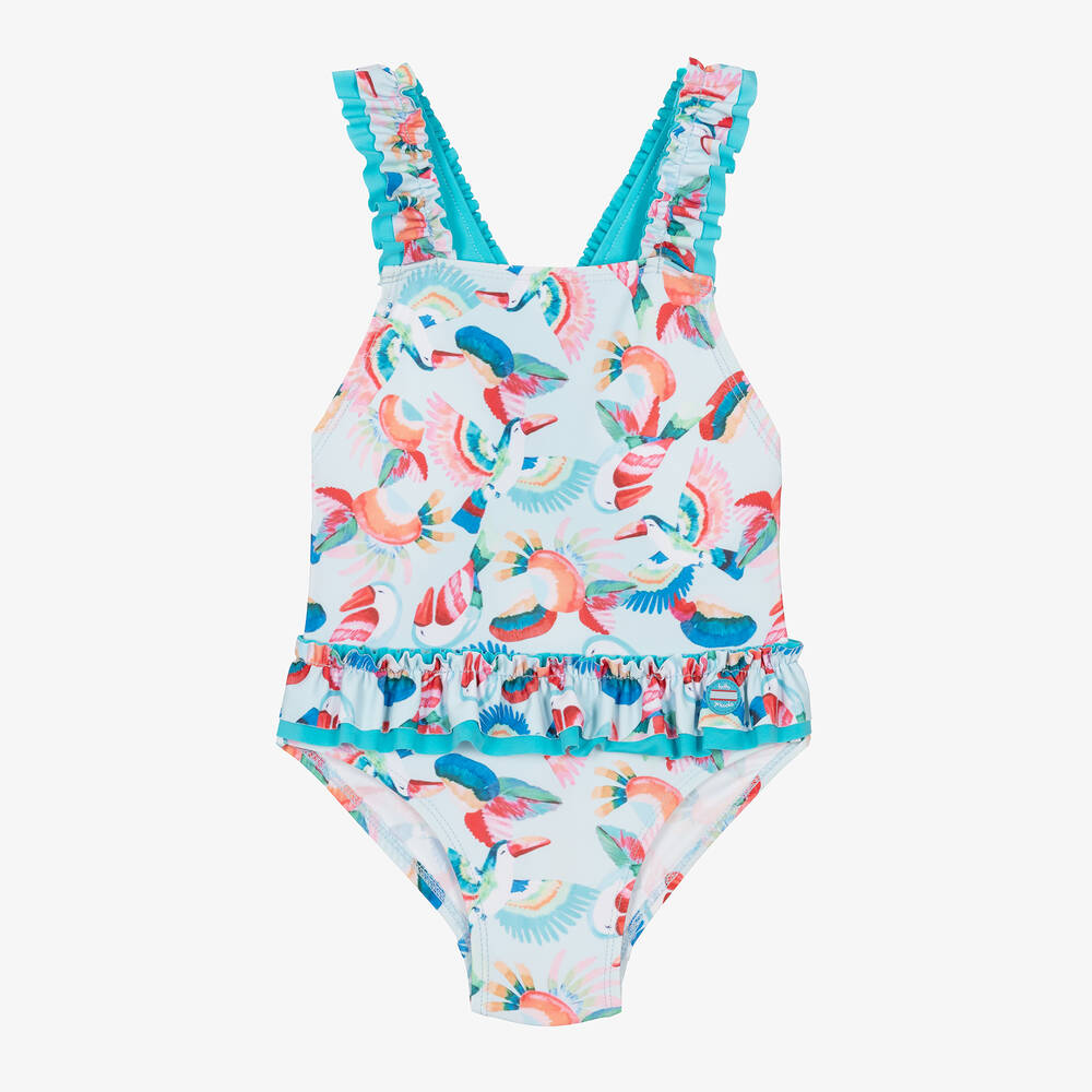 Tutto Piccolo - Girls Blue Parrot Print Swimsuit | Childrensalon