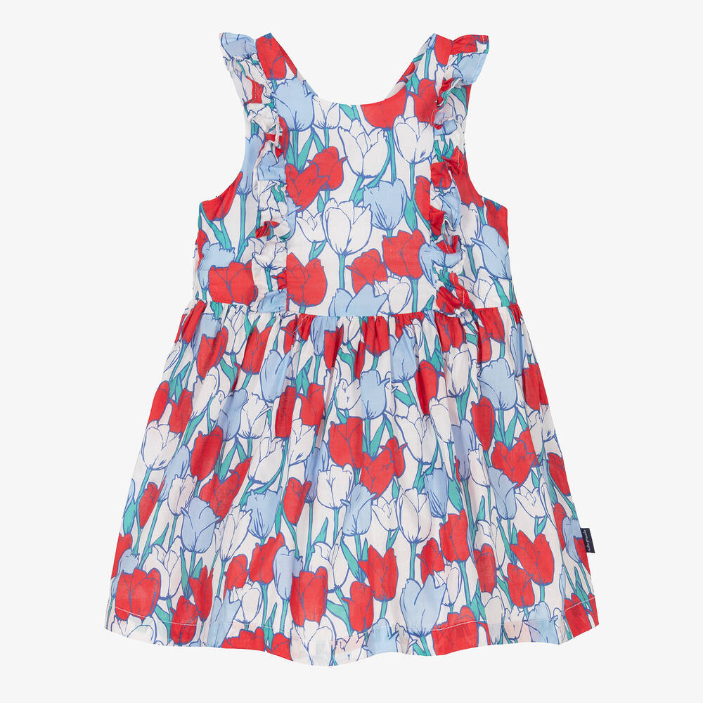 Tutto Piccolo - Girls Blue & Red Tulip Cotton Dress | Childrensalon