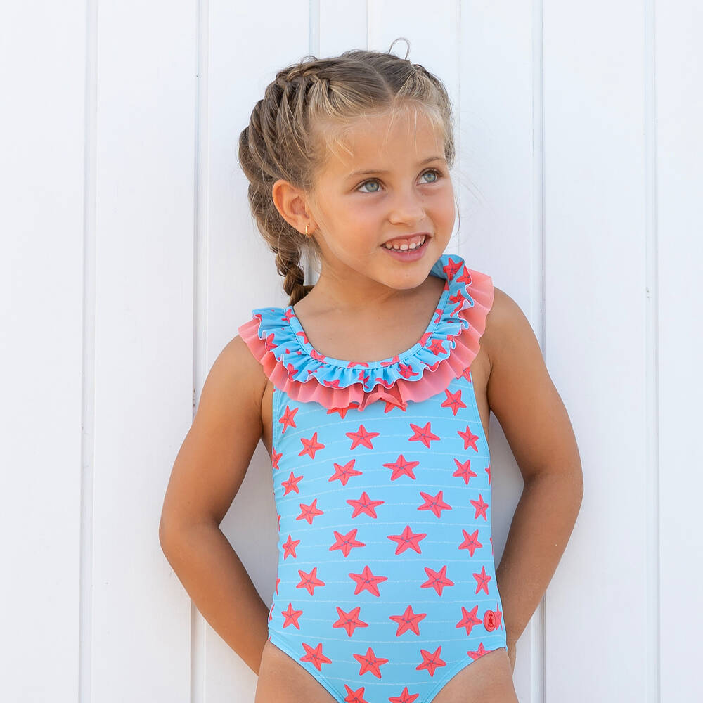 Tutto Piccolo - Girls Blue Starfish Print Swimsuit | Childrensalon