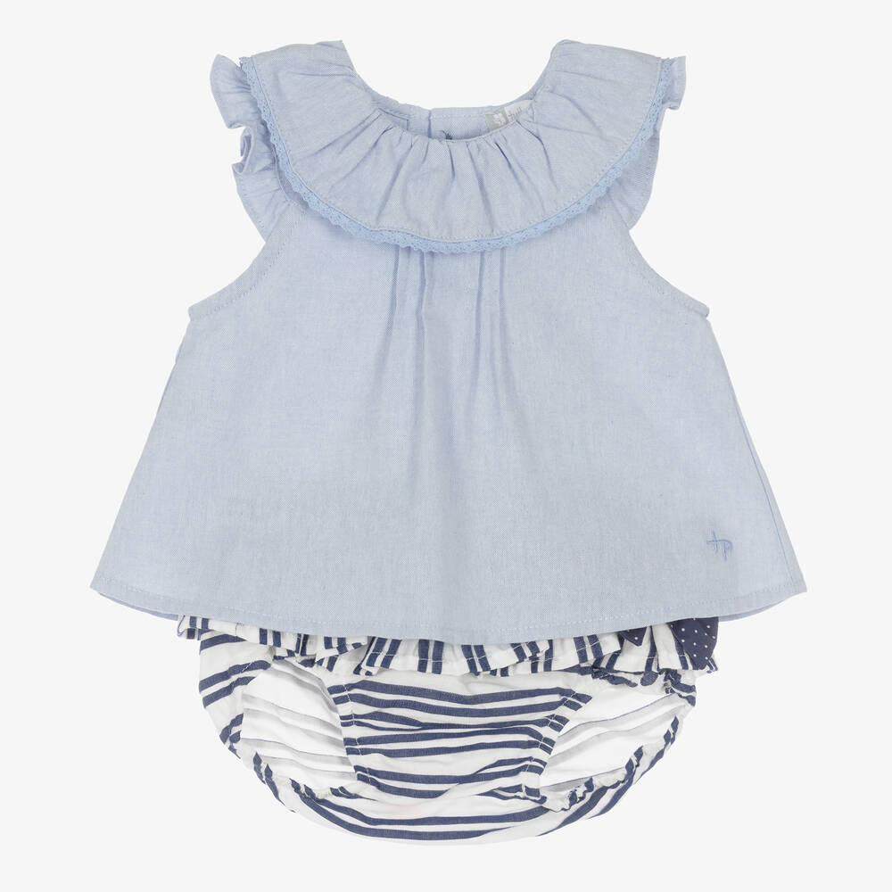 Tutto Piccolo - Girls Blue Striped Cotton Shorts Set | Childrensalon